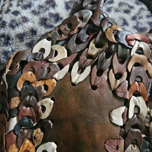 Vintage 70's | Slouchy Hippie Boho Leather Earthy Tones Chain Patchwork  Handbag - Picture 8 of 14